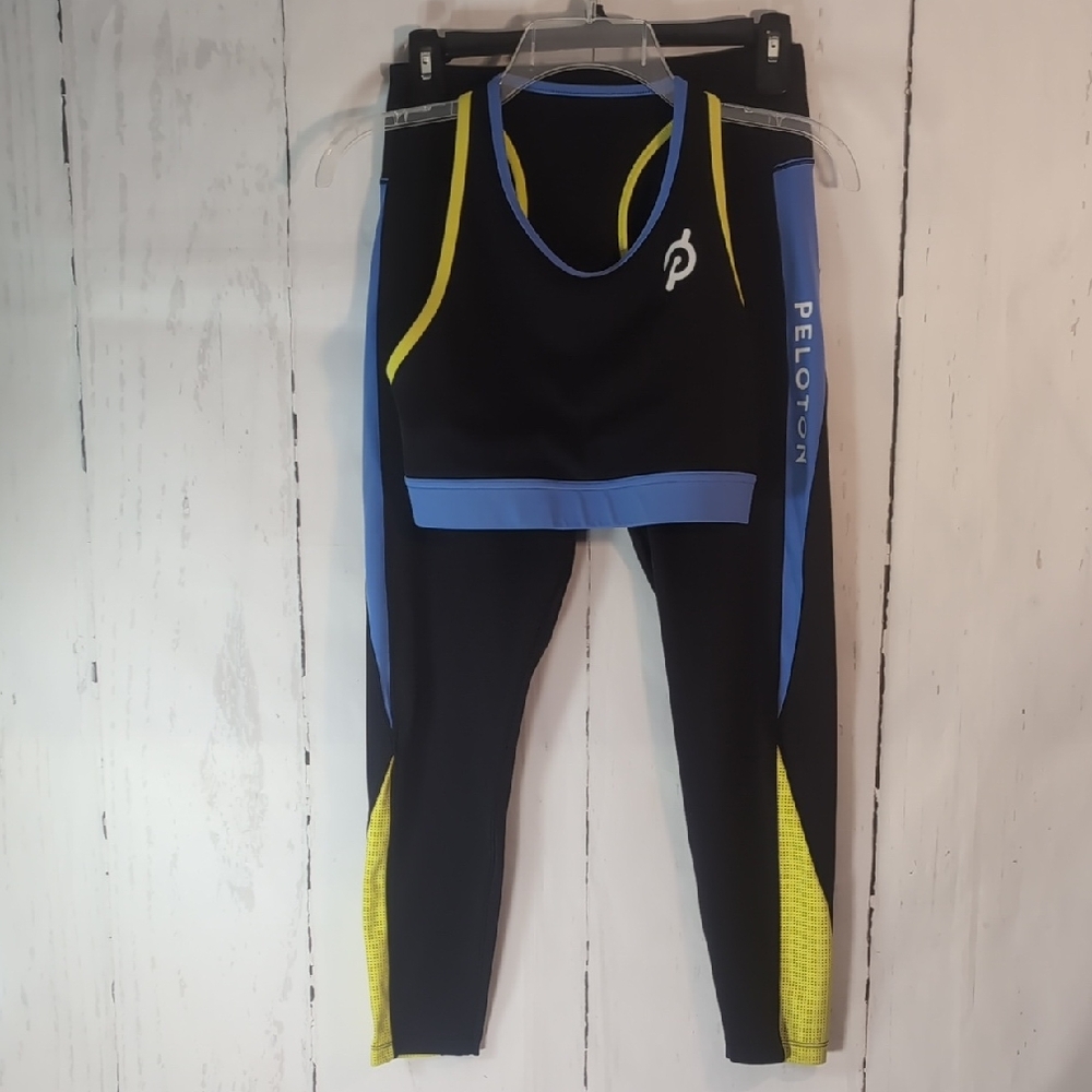 Peloton Black Blue and Neon Yellow Athletic Crop Top & Leggings Set